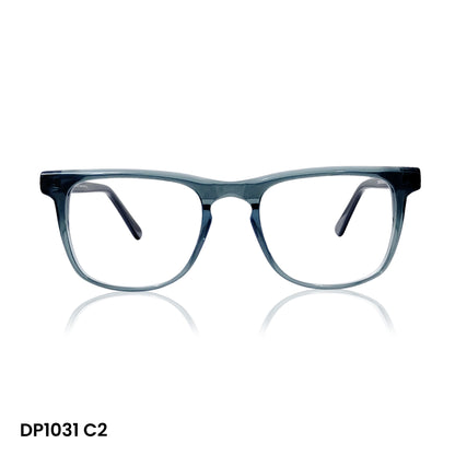 1031 C2 Premium grey transperent square frame paired with digital progressive lenses all distances. featuring a wide corridor for smooth, comfortable vision at