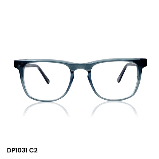 1031 C2 Premium grey transperent square frame paired with digital progressive lenses all distances. featuring a wide corridor for smooth, comfortable vision at